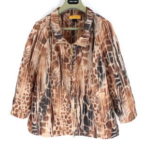 St. John Sleek Polyester Beige Tan Praline Safari Animal Print Zip Up Jacket L
